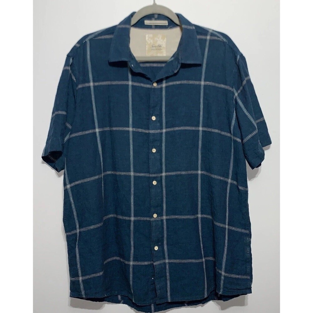 Tasso Elba Island Shirt Mens  XL Blue Plaid Woven Linen Cotton Travel Comfort